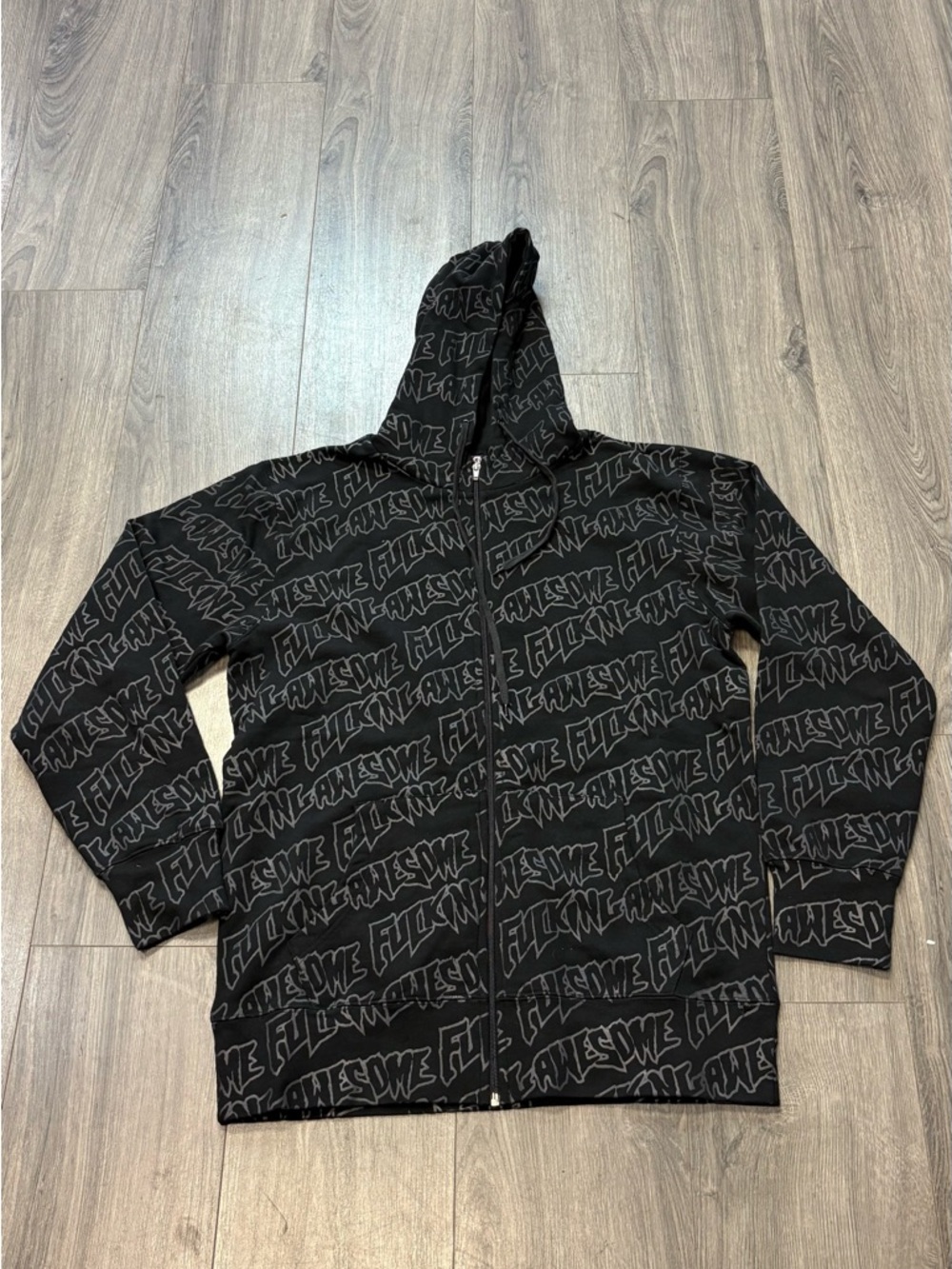 FA Black Graphic Zip-Up Hoodie with Allover Script